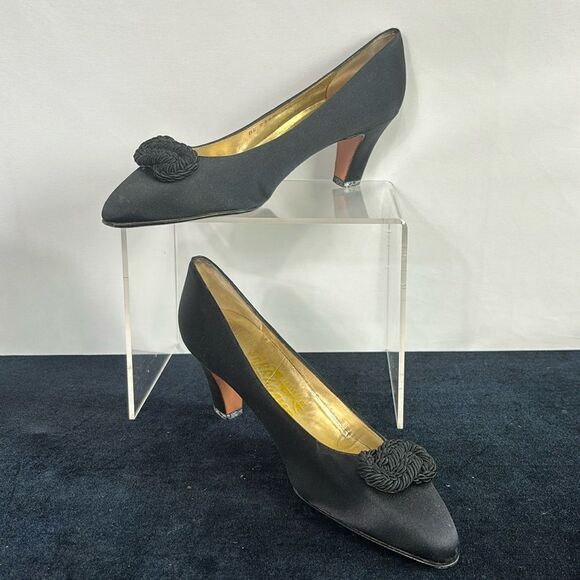 Salvatore Ferragamo Black Satin with Knot Vintage Heels